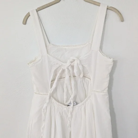 Zara Pintuck Tiered Midi Dress Tie Back Ladder Detail Beige Ecru Small S - Picture 8 of 11